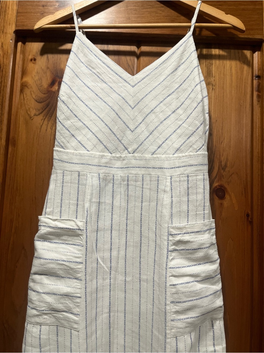 Monteau White and Navy Striped V-Neck Midi Dress with Side Slit - Picture 3 of 8